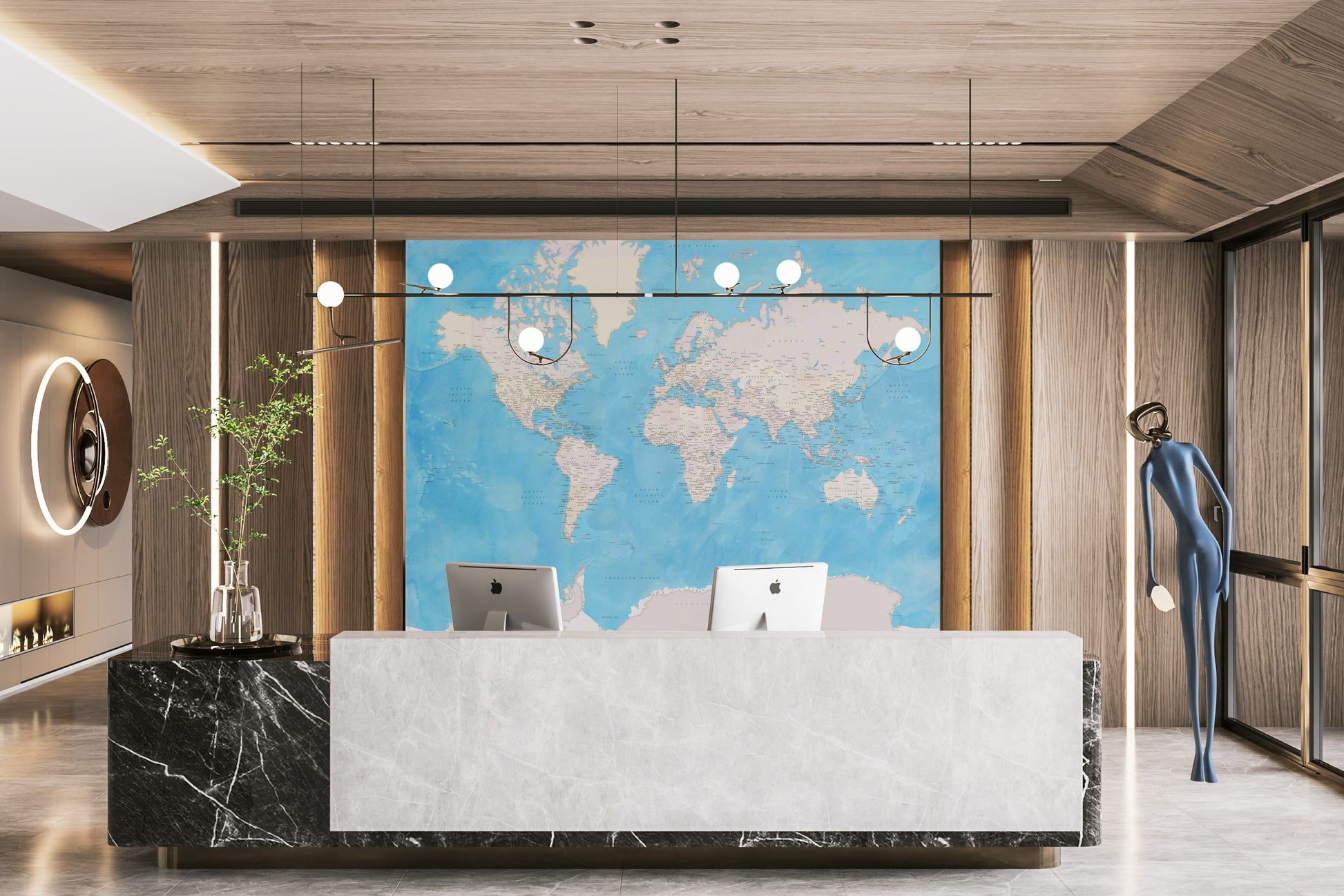 Elegant world map mural in soft blue watercolor tones

