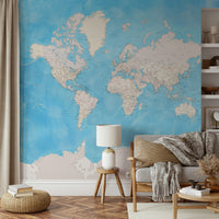 Blue watercolor world map wallpaper for modern interiors

