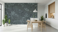 Tranquil jungle wall mural featuring blue-toned sketches of tropical plants