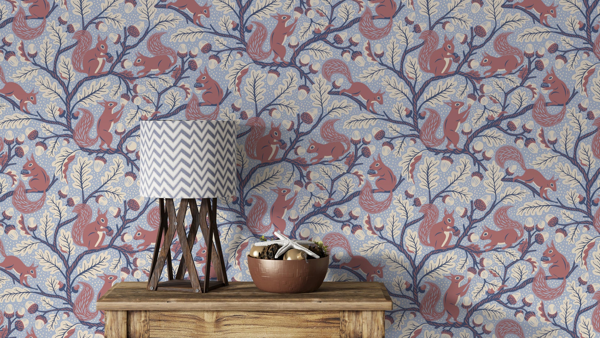 Blue wallpaper with squirrels in oak trees

