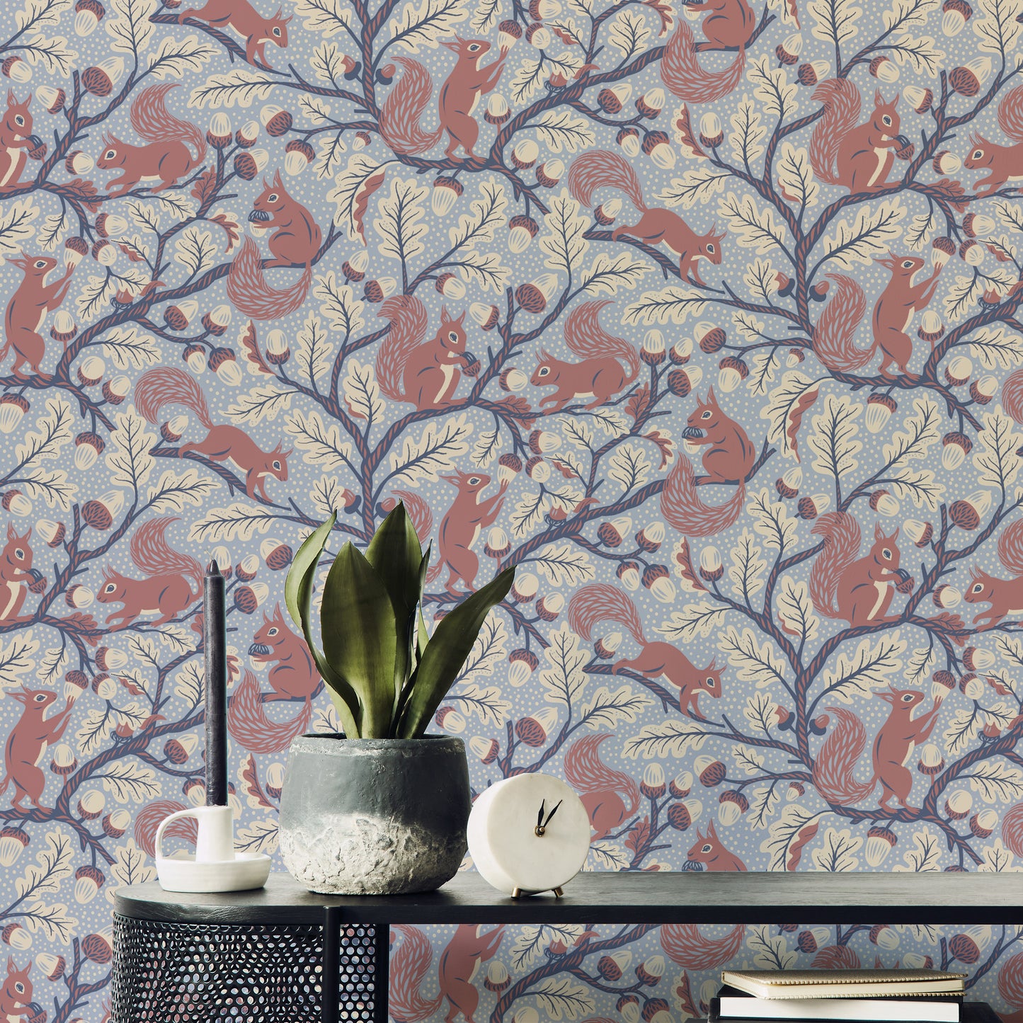 Blue nature-themed wallpaper with forest animals

