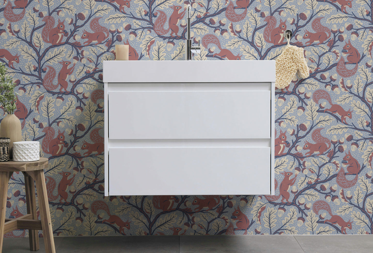 Cozy blue forest wallpaper featuring squirrels

