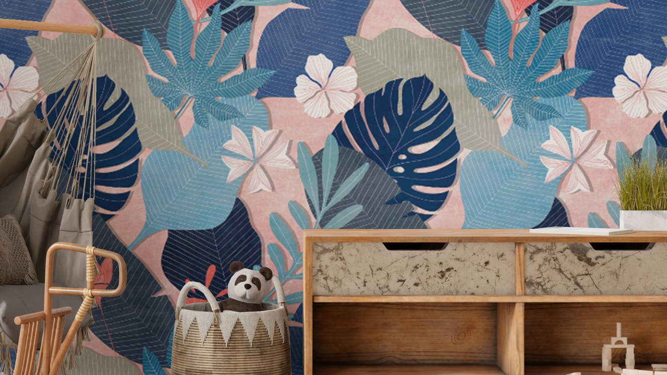 Serene blue oasis foliage wallpaper for tranquil wall decor.
