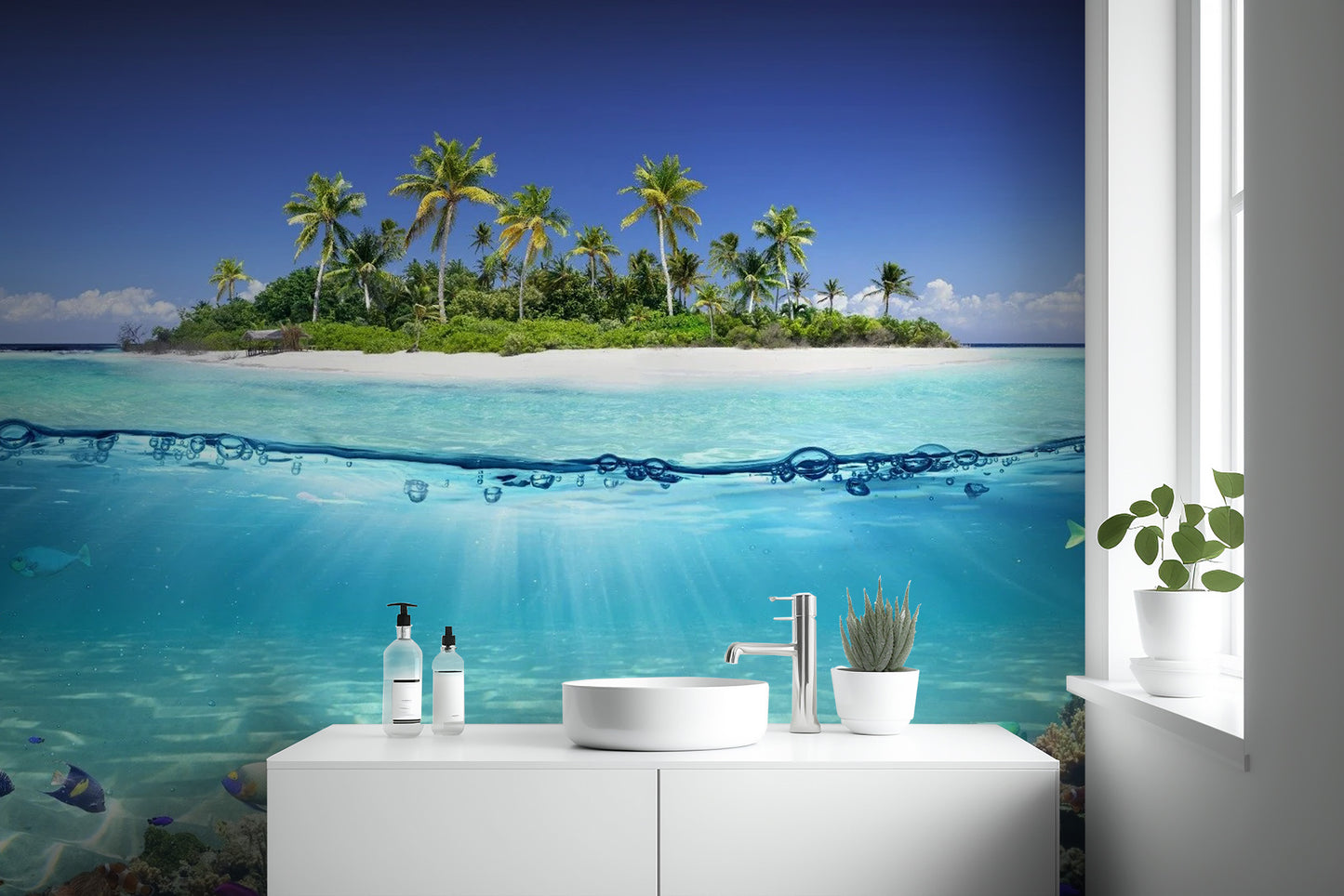 Blue Ocean Island Beach Wallpaper Mural - Giffywalls