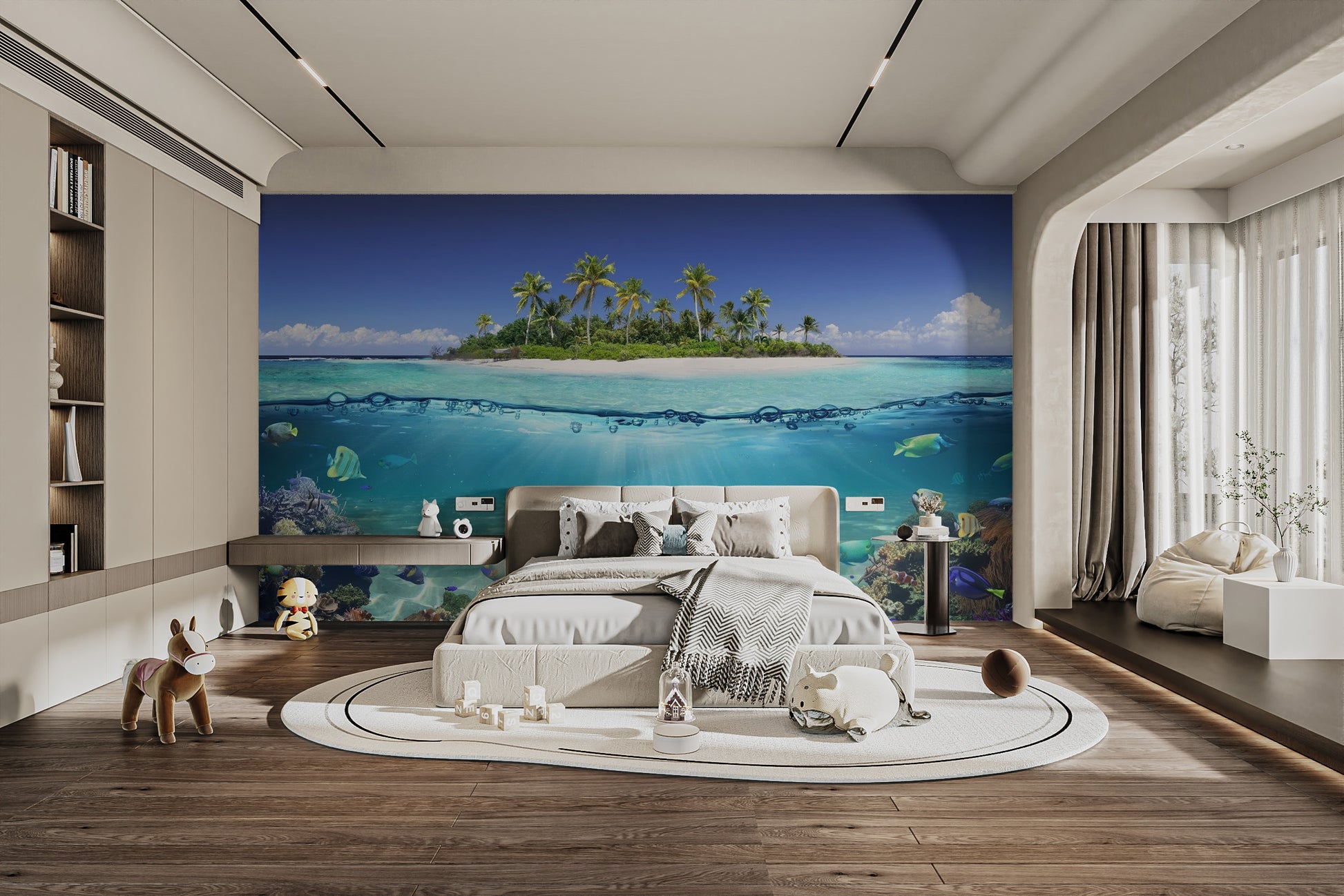 Serene blue ocean wallpaper mural with a tropical island view.