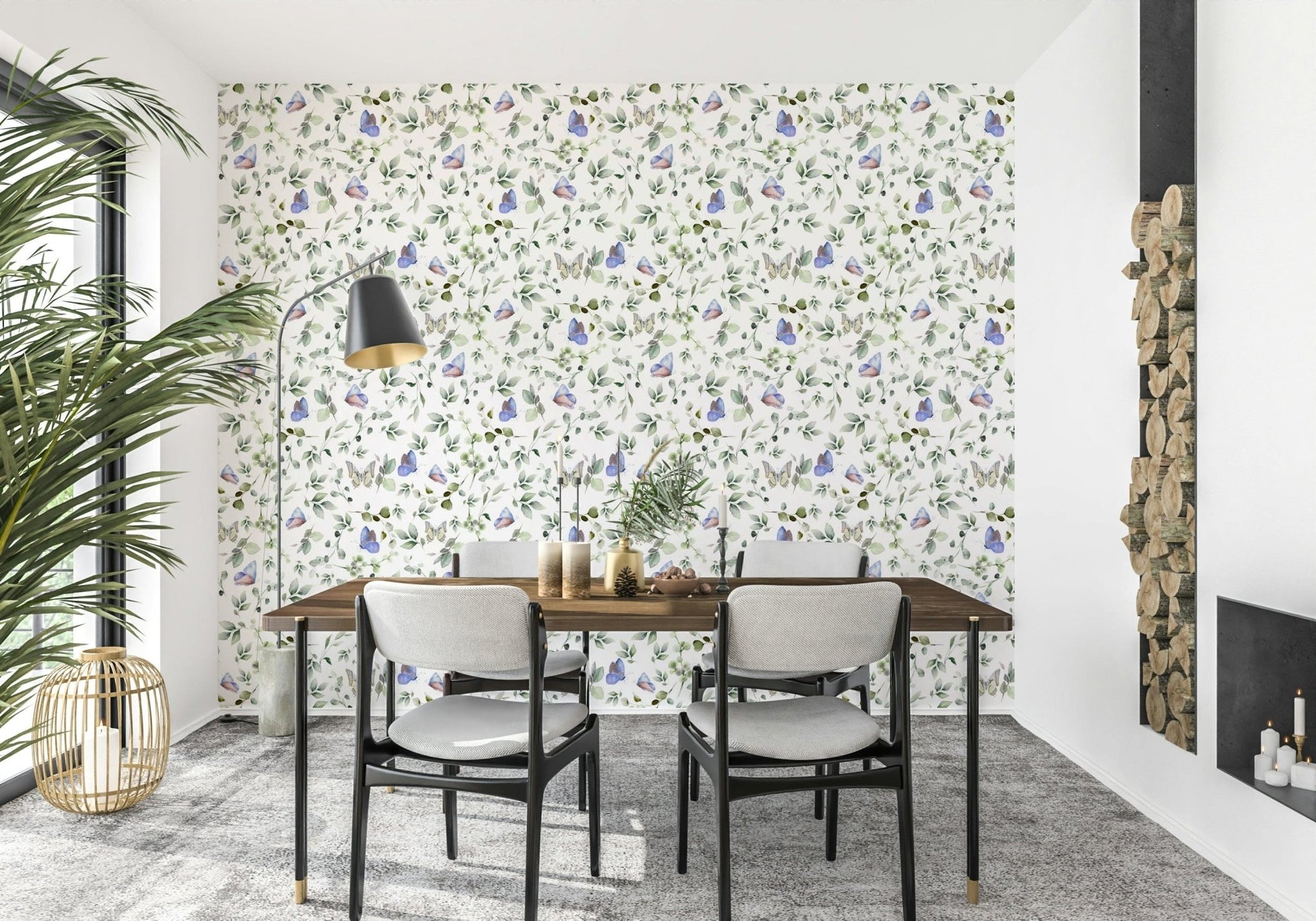 Blue Pastel Butterfly Garden Wallpaper as a feature wall in a contemporary dining area.