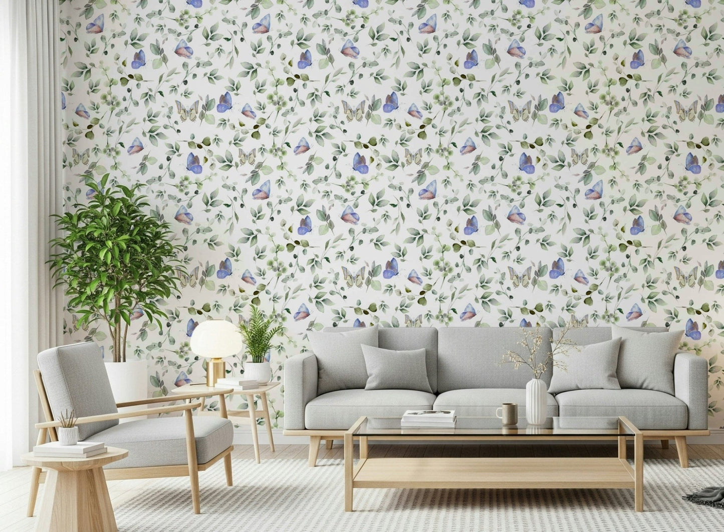 Blue Pastel Butterfly Garden Wallpaper providing a soft background for a home workspace.
