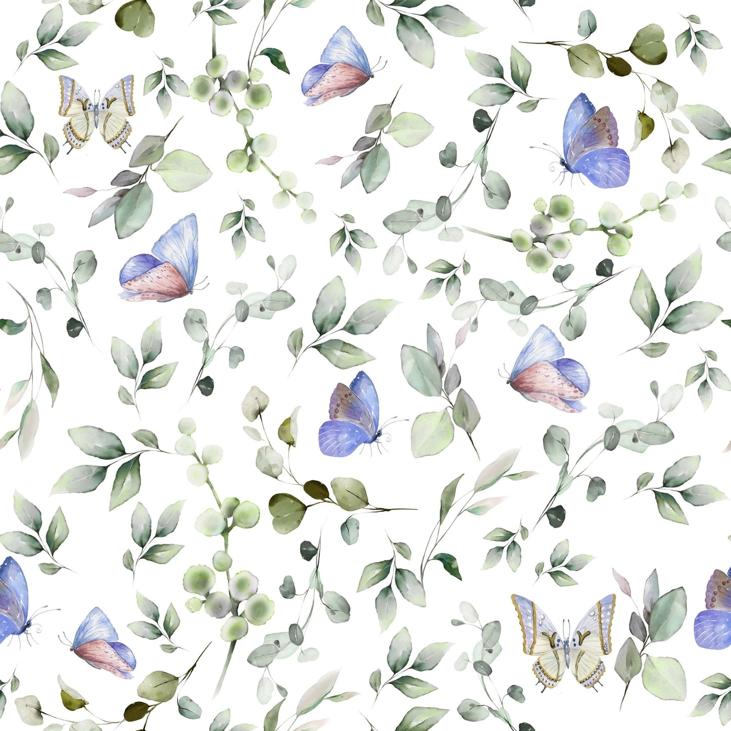 Soft blue butterfly wallpaper in an apartment bedroom with neutral bedding.