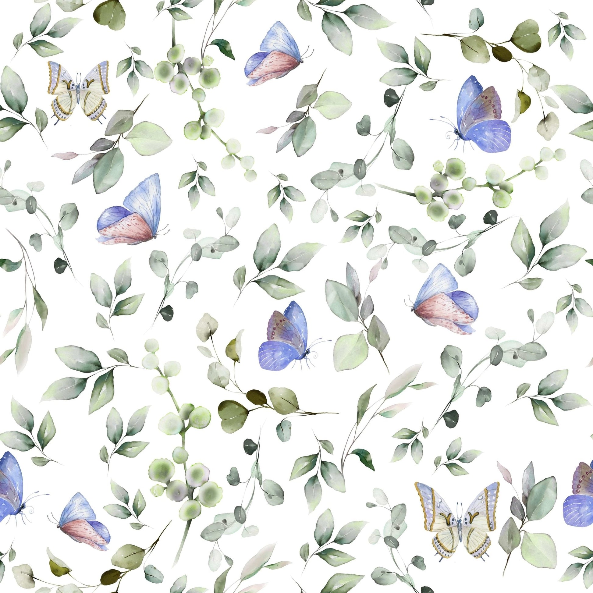 Soft blue butterfly wallpaper in an apartment bedroom with neutral bedding.