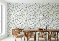Minimalist office space featuring a whimsical wallpaper for a calm backdrop.