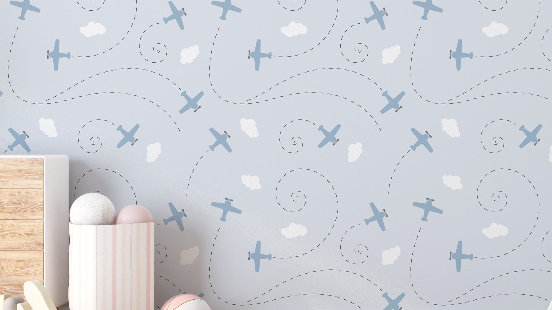 Playful airplane and clouds wallpaper design
