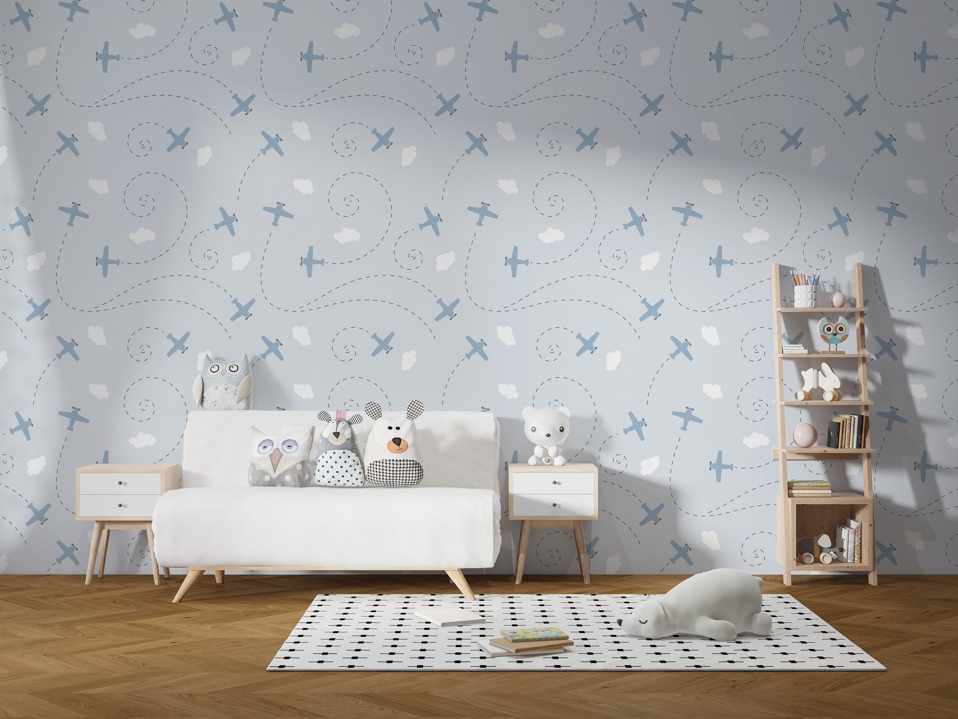Whimsical airplane wallpaper with flight paths
