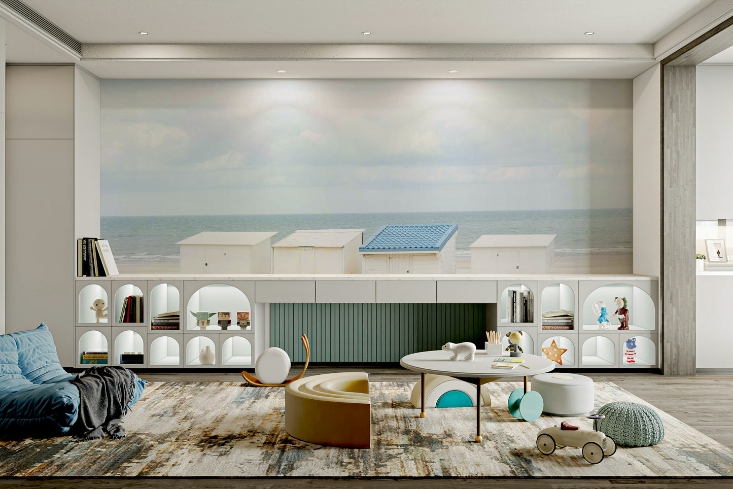 Illustrated rooftops in shades of blue for interiors

