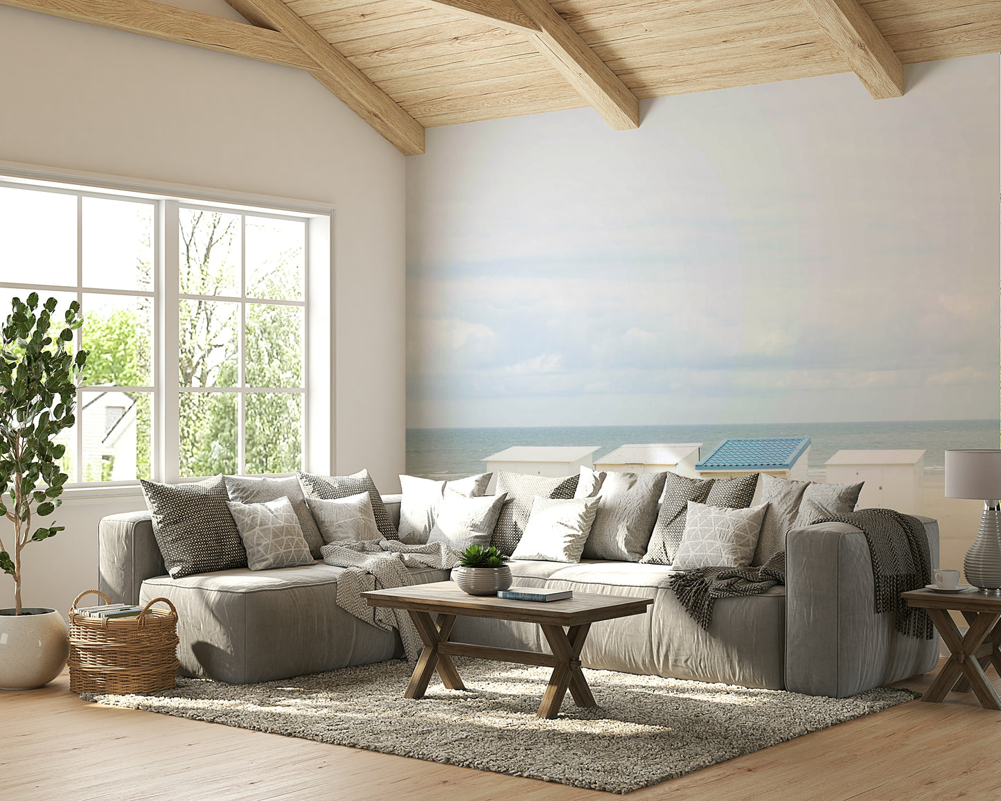 Coastal town wallpaper with blue house roofs

