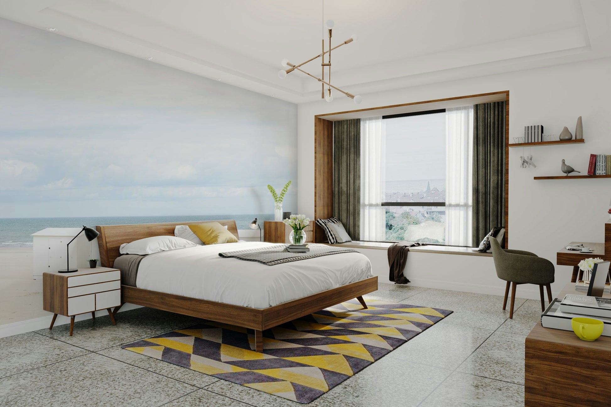 Whimsical wallpaper featuring blue roof houses

