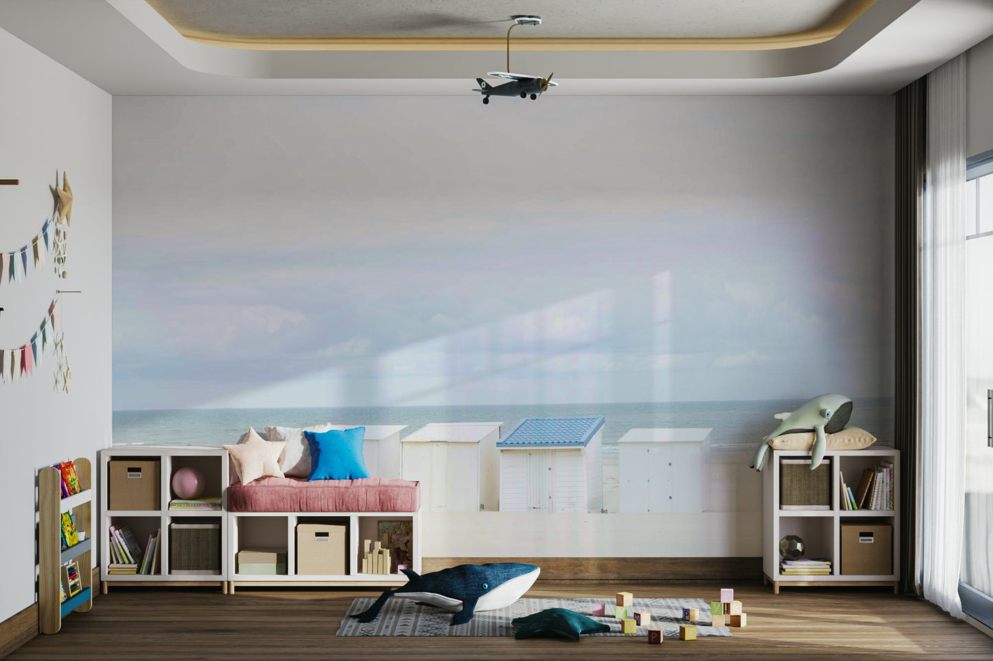 Artistic wallpaper with hand-drawn blue rooftops

