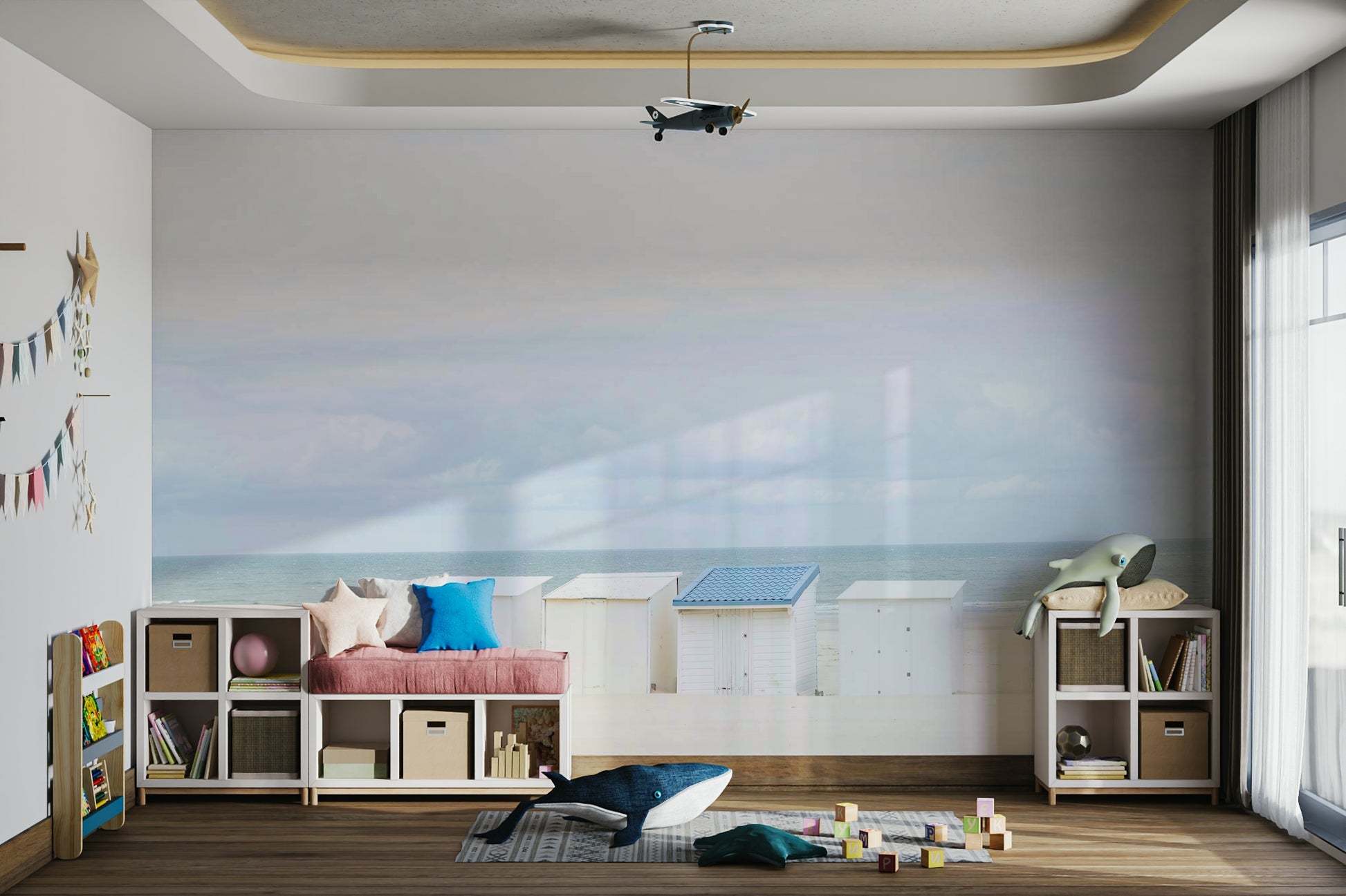 Artistic wallpaper with hand-drawn blue rooftops

