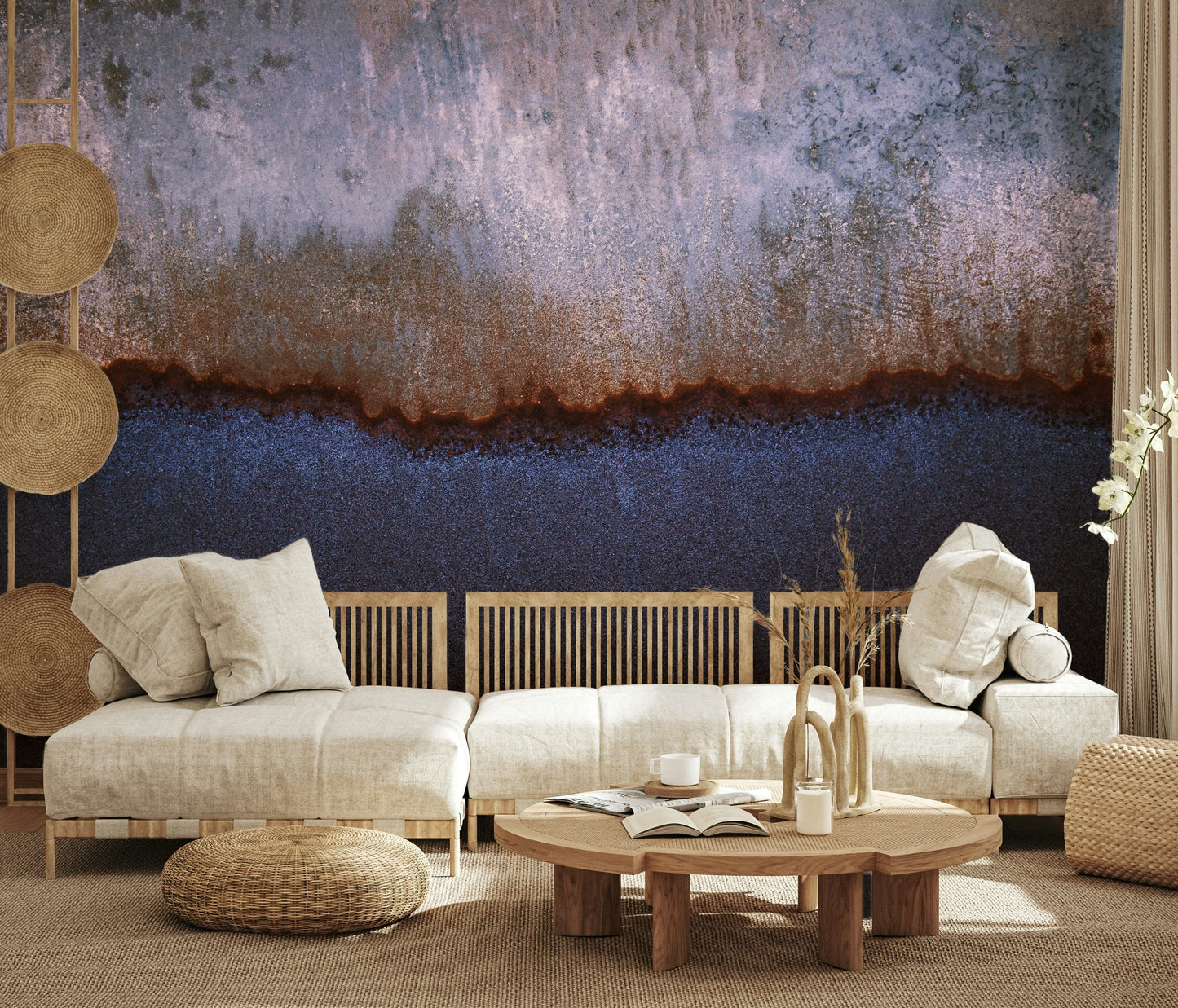 Artistic mural with gradient hues resembling a distant horizon and aged textures