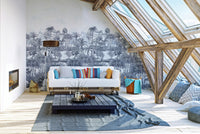 Scenic blue palm trees wallpaper mural tones
