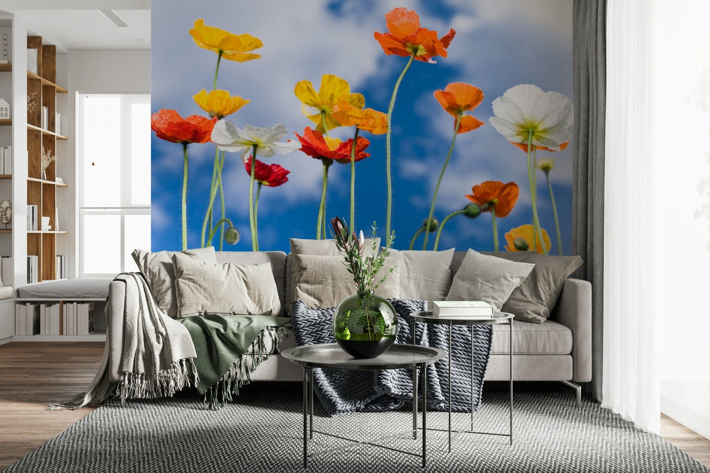 Sky background wall mural with blooming flowers