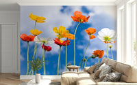 Tall poppies wall mural with blue sky backdrop