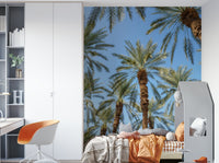 A peaceful tropical scene mural on decorative wallpaper.

