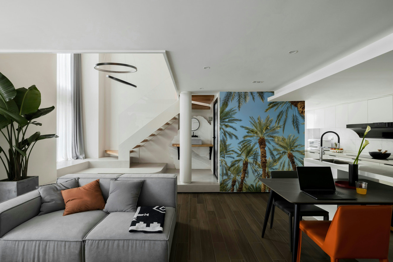 A beautiful sunny palm tree wallpaper mural for a modern home.

