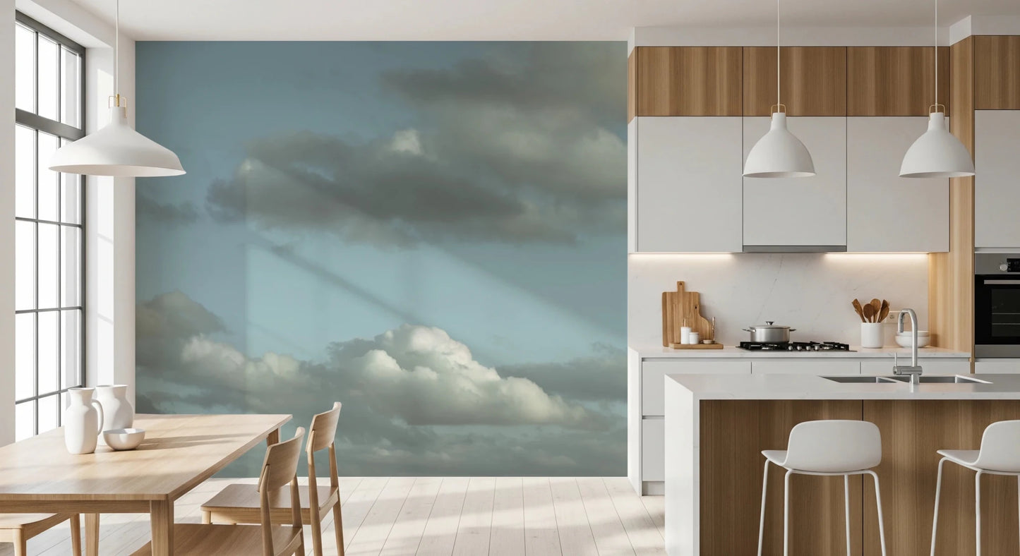 Feature wall styling using a Blue Sky Wall Mural for dining area.