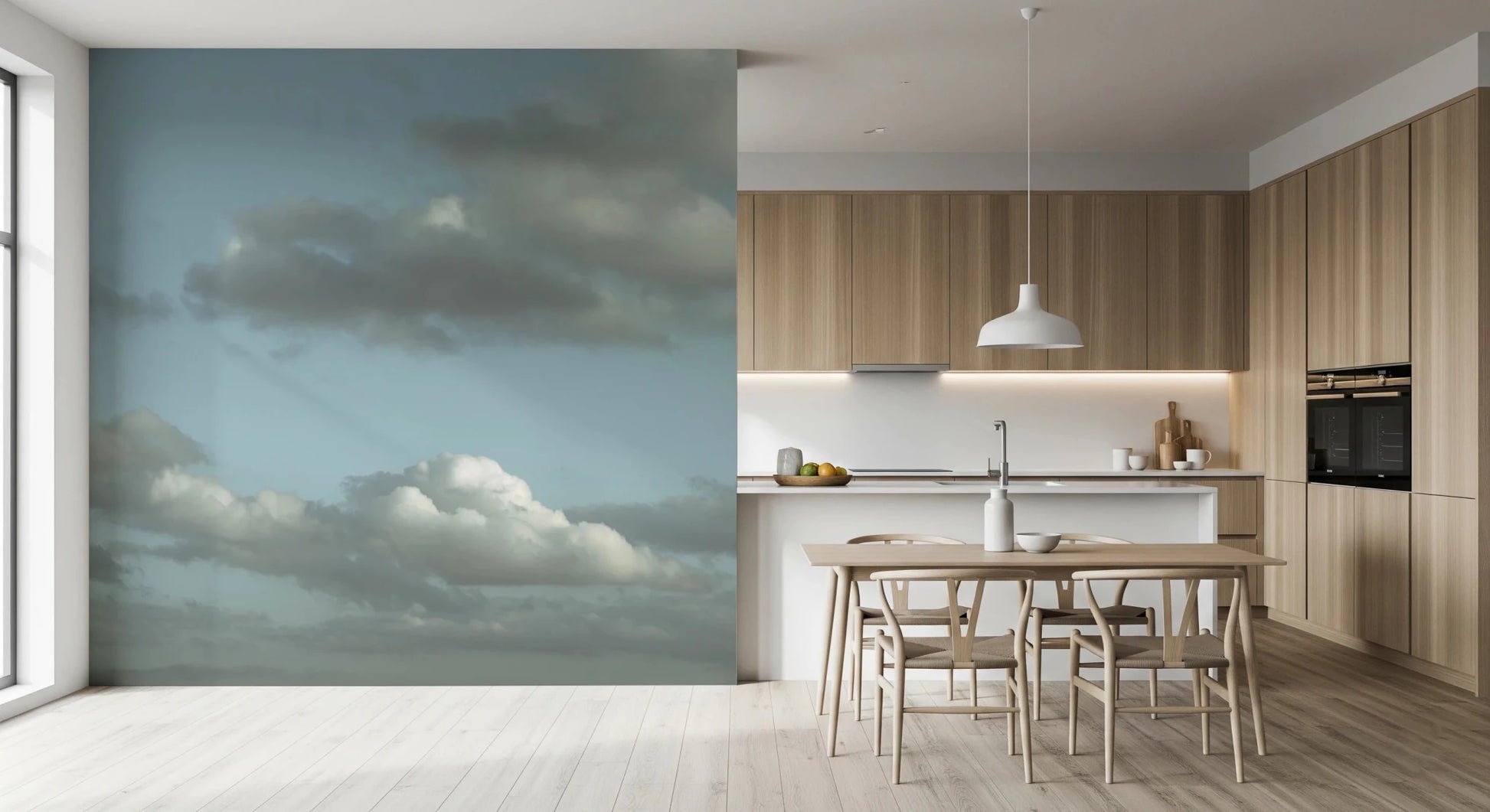 Clouds and sky wall mural printed on a modern wallpaper.