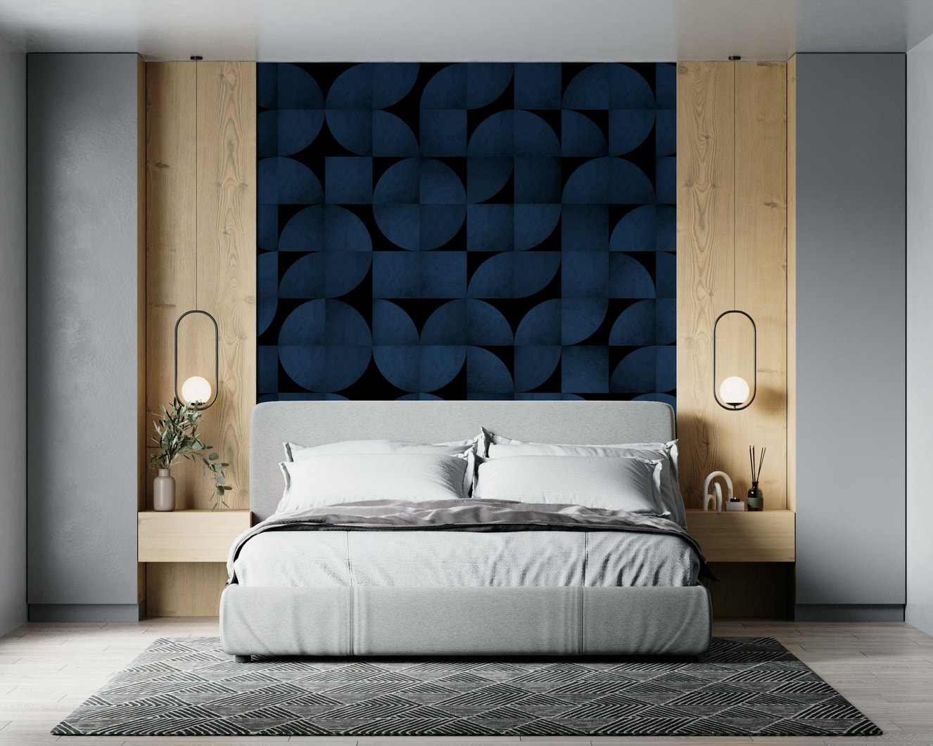 Mid-Century Blue Stone Wall Mural – Stylish mural featuring layered blue stone textures inspired by mid-century design.