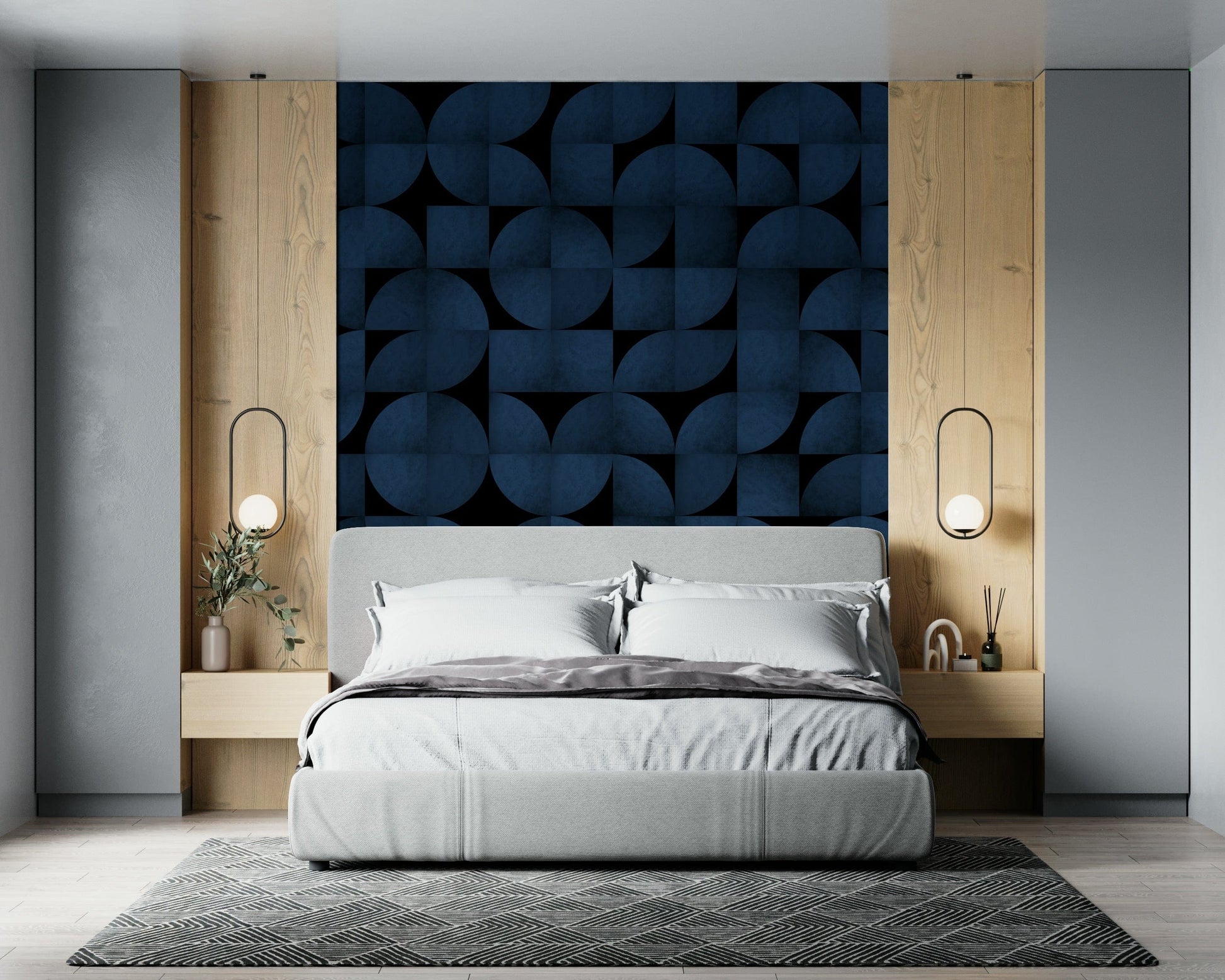 Mid-Century Blue Stone Wall Mural – Stylish mural featuring layered blue stone textures inspired by mid-century design.