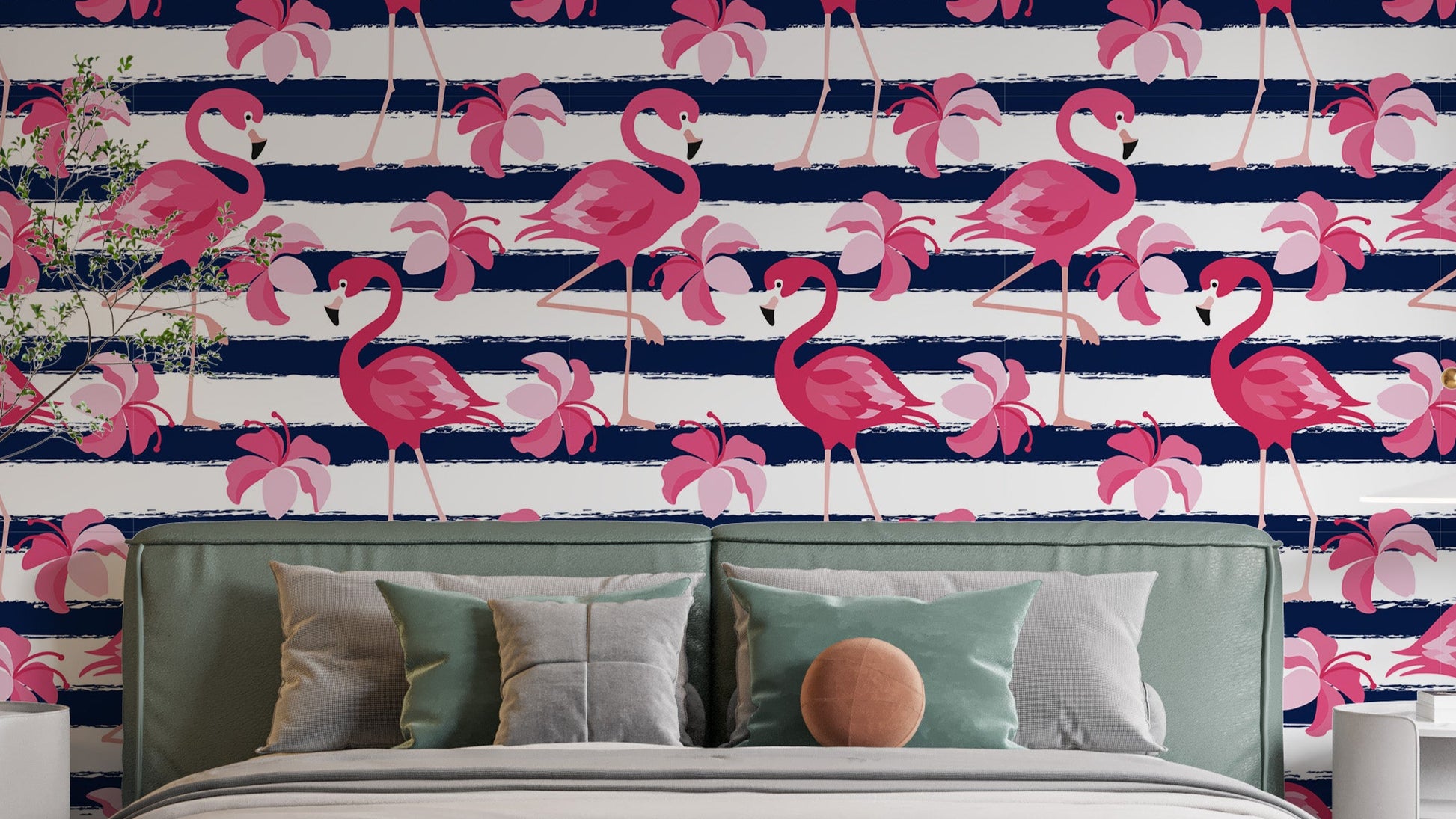 Blue Stripes & Pink Flamingo Wallpaper - Giffywalls