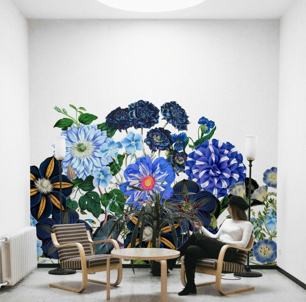 The background is a soft, light blue, almost a misty gray-blue.
