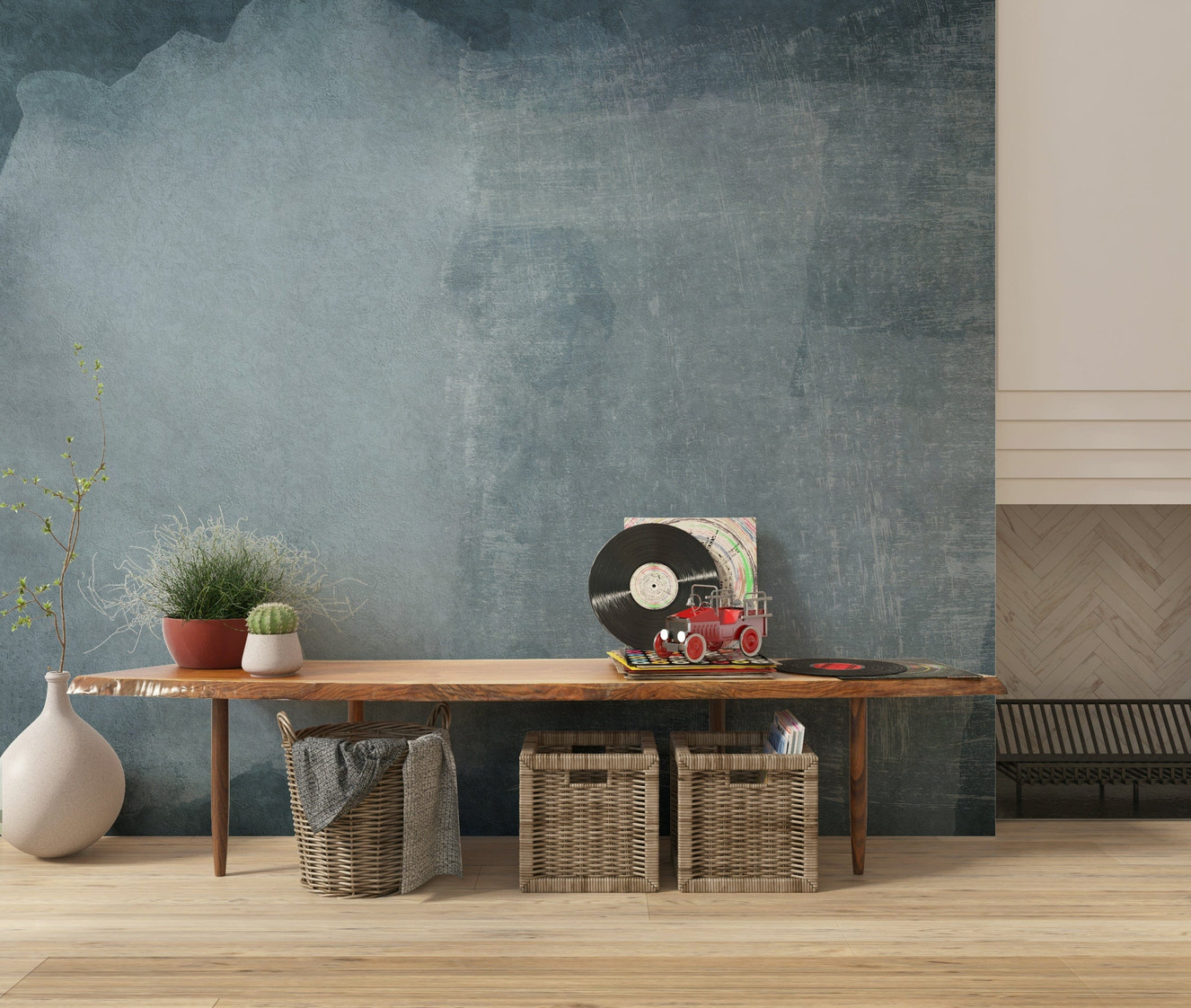 A beautiful abstract blue wallpaper mural with a hazy, flowing texture.