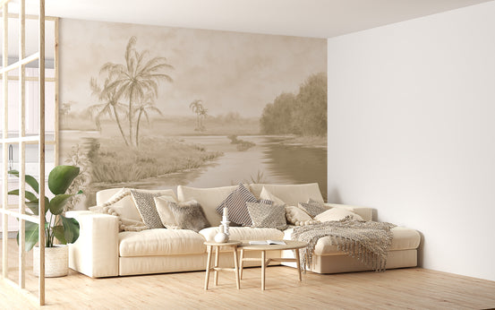 Blue Tone Shadowy Lakeshore wallpaper mural shown as a full feature wall that highlights the design
