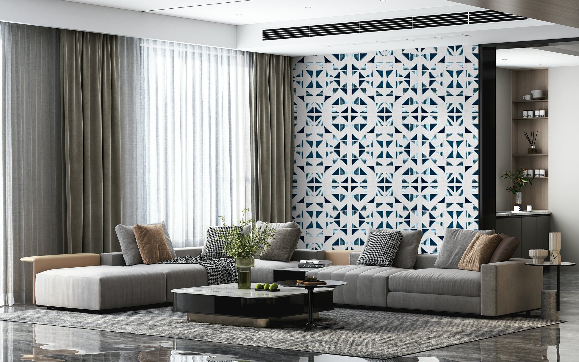 Triangles wallpaper in blue gradients creating a contemporary and serene accent wall.