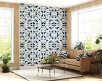 Contemporary wall mural featuring blue gradient triangles for a stylish, modern accent wall.