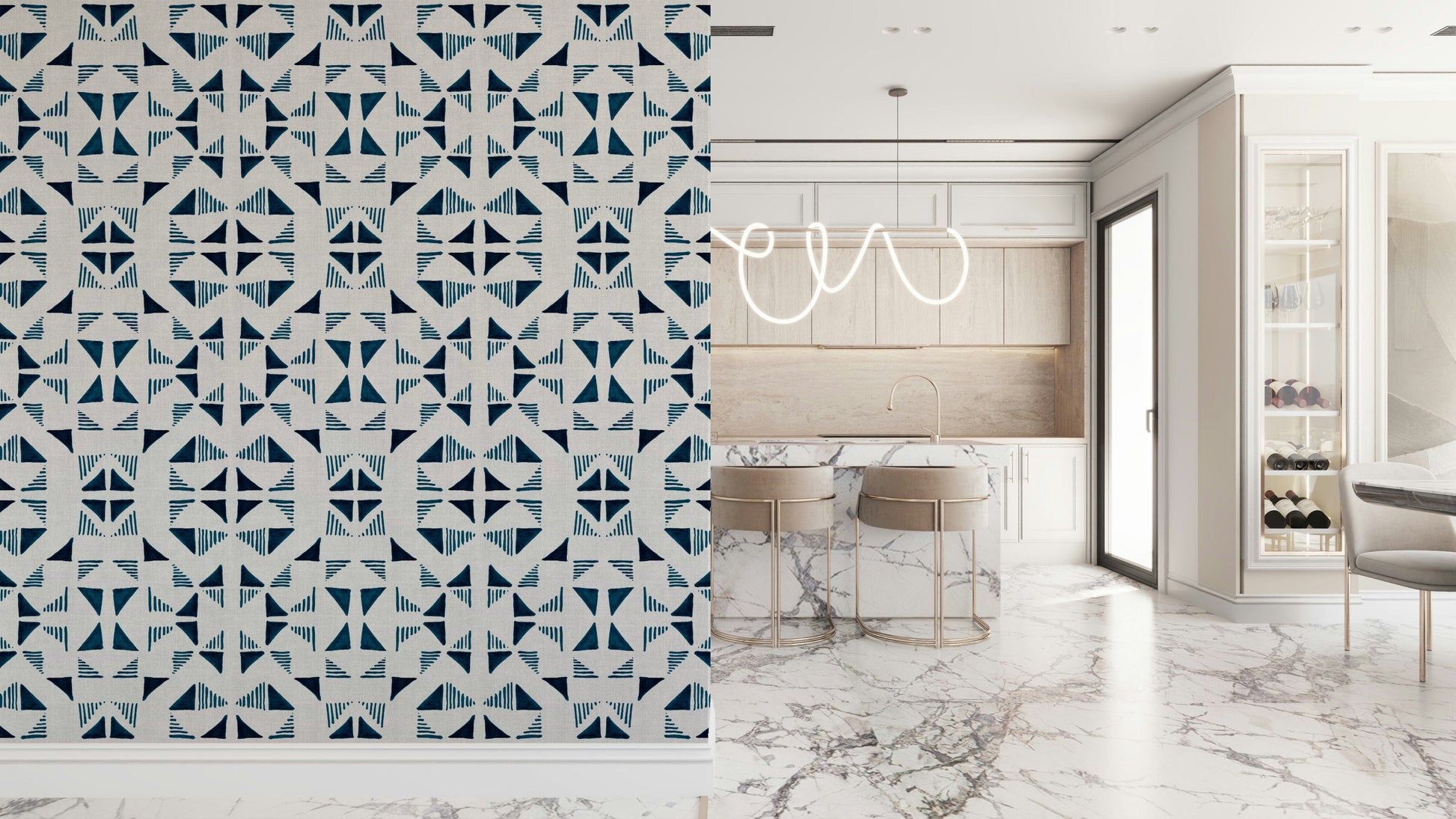 Abstract triangle pattern wallpaper in cool blue hues for a contemporary interior look.