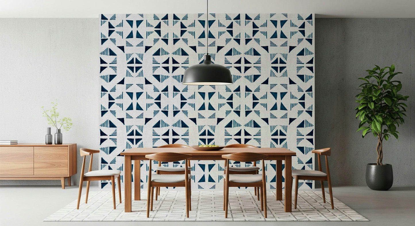 Triangles Composition Blue Wallpaper featuring geometric triangles in shades of blue and soft neutrals.