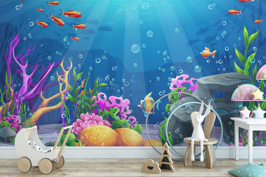 Vibrant underwater coral reef mural design