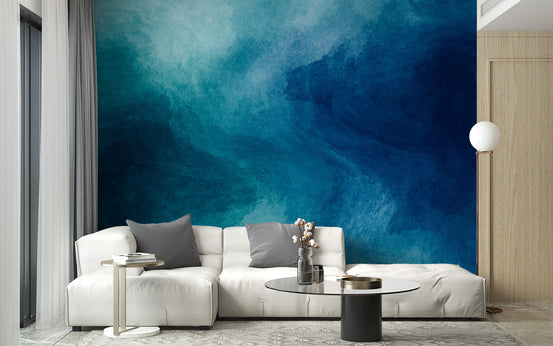 Blue Watercolor Liquid Paint wallpaper mural shown as a full feature wall that highlights the design
