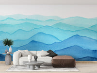 Blue Watercolor Waves Mountains Wallpaper Murals - Giffywalls