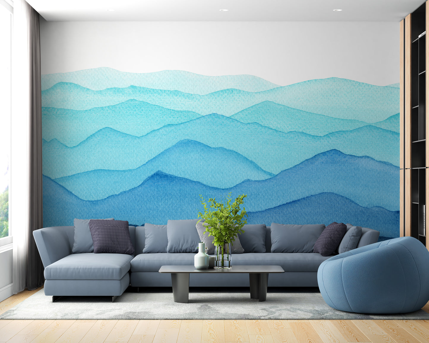 Blue Watercolor Waves Mountains Wallpaper Murals - Giffywalls