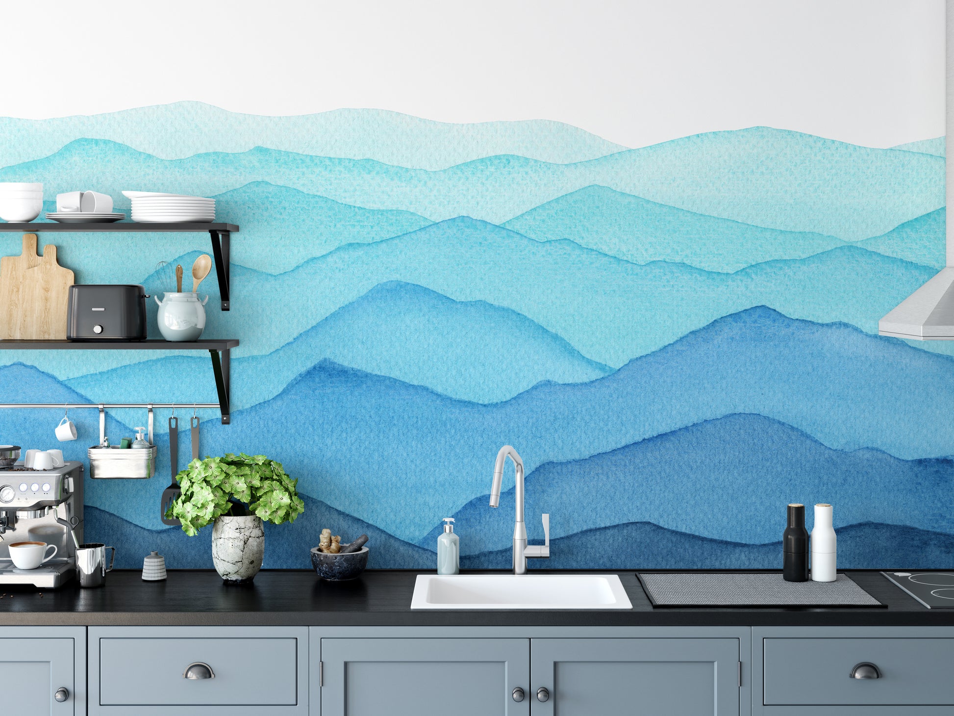 Blue Watercolor Waves Mountains Wallpaper Murals - Giffywalls
