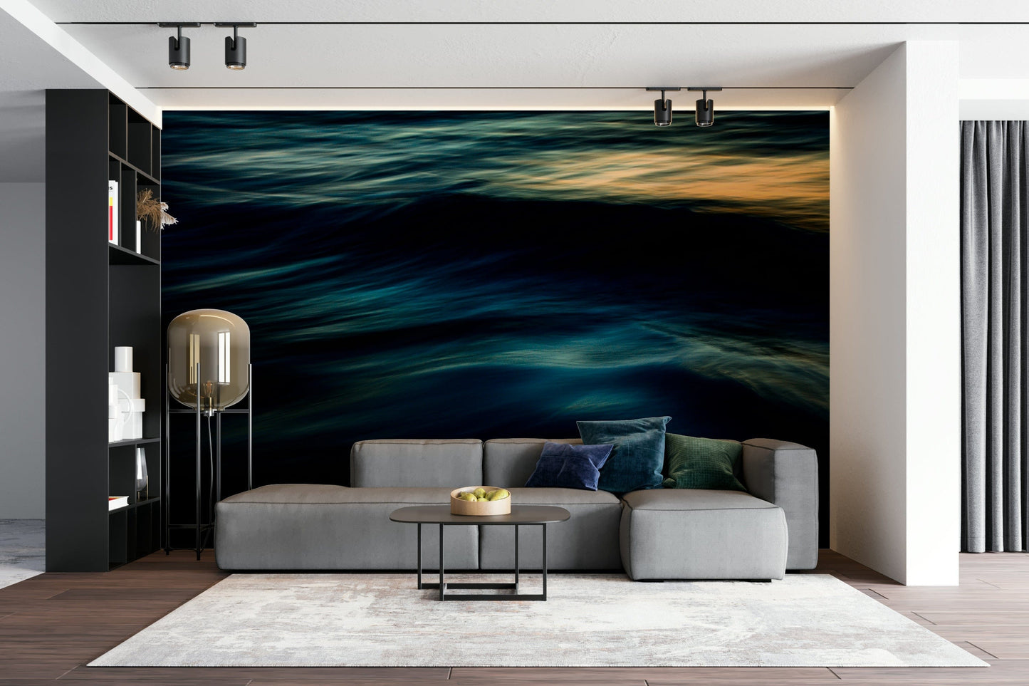 A calming water movement wallpaper mural that defines a space.


