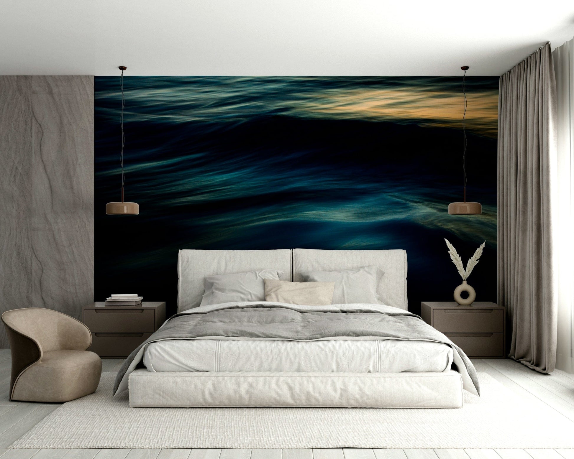 A beautiful abstract ocean wall mural for a living room.

