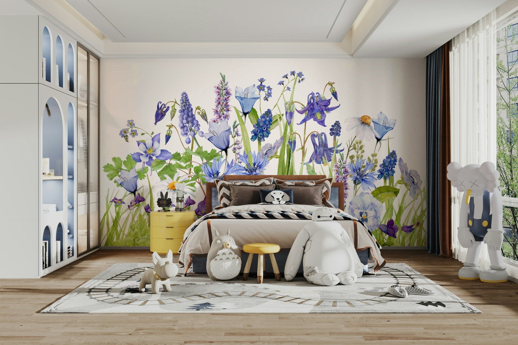 The wallpaper is perfect for a peaceful space.

