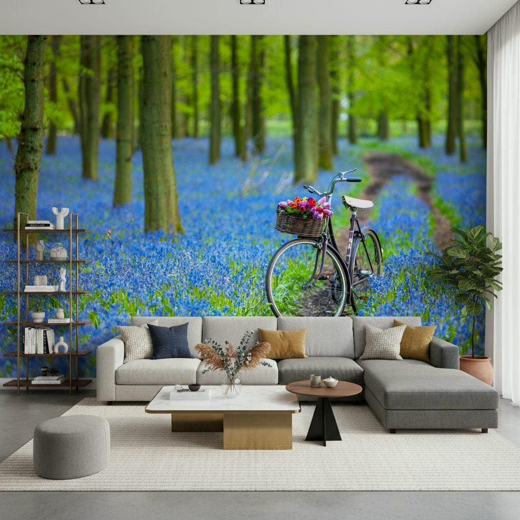 Tranquil Bluebell Forest trail, peaceful rustic bicycle design wall mural.