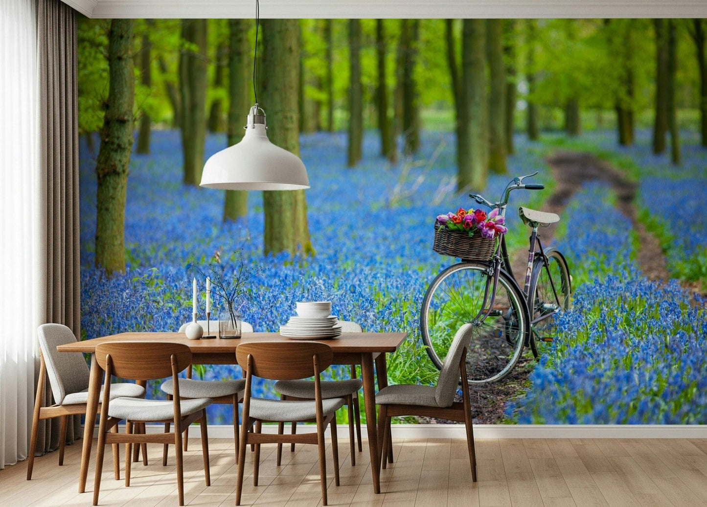 Enchanting Bluebell Wood wall mural, deep indigo carpet for nature lovers.