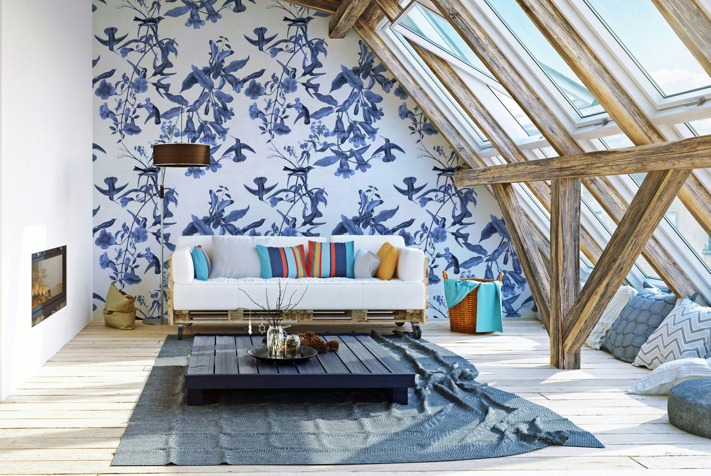 A beautiful serene floral wallpaper mural with subtle birds.

